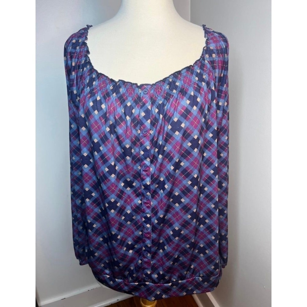Women's Plaid Button-Front Peasant Top - Purple Pink Blue